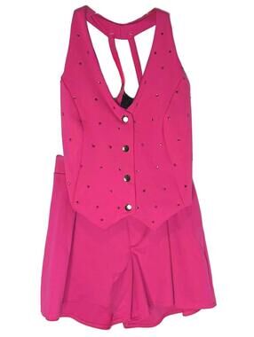 Pink Sleeveless Button-Front Vest with Rhinestone Details and Matching Skirt